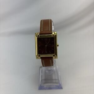 EA JAPAN MOVT QUARTZ Gold Tone LADIES FASHION WRIST WATCH Brown Faux Leather Ban